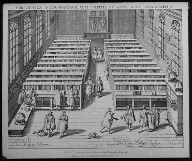 WILLEM VAN SWANENBURGH. Leiden c. 1581/1582 – 1612 Leiden.After J.C. Woudanus. The interior of the University Library in Leiden. BIBLIOTHECAE LUGDUNO-BATAVAE CUM PULPITIS ET ARCIS IXNOGRAPHIA. Engraving, 1610. http://www.masterprints.nl/prints/11/si_10.html