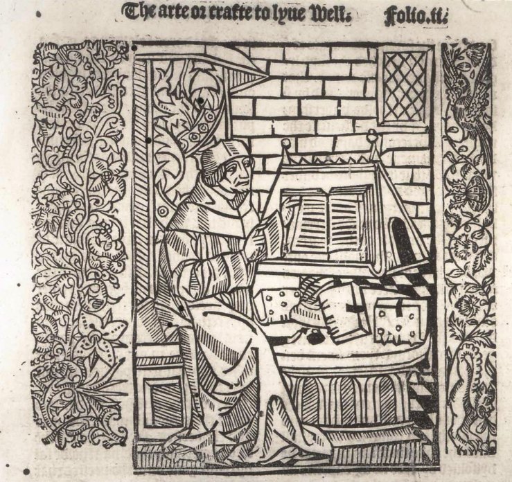 Illustration of a scholar from The arte or crafte to lyve well and to dye well, printed 1505, the South Quire Aisle – Windsor College http://www.stgeorges-windsor.org/archives/blog/?tag=south-quire-aisle 