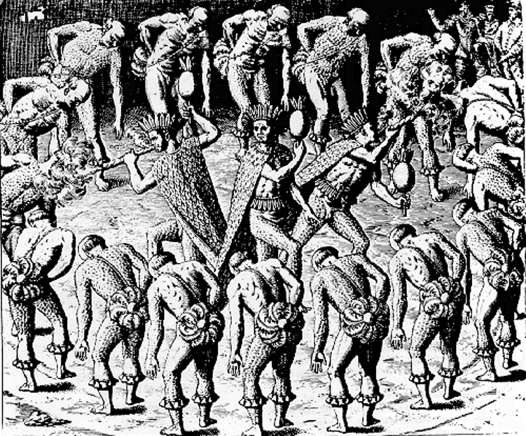 Gravura em cobre de Theodor de Bry. Dança ritual dos Tupinambá.